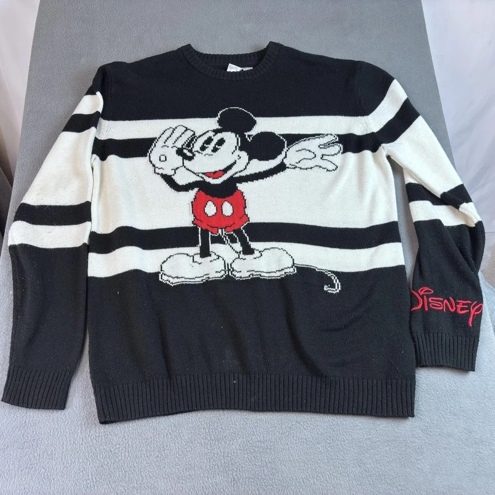 Disney Mickey Mouse Sweater Mens Large Black White Striped Crewneck Knit Graphic